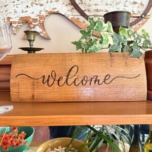 Wine Barrel Stave Wall Art Decor Welcome Sign Rustic Wood 14" x 5.5"